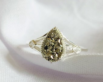 Natural Pyrite Rough silver Ring Pear 925 Sterling Silver Handmade  Money Ring pyrite/Genuine pyrite 100% handmade Gift For Her Ring