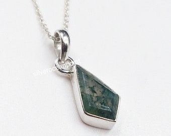 Handmade Moss Agate Pendant Necklace: 925 Sterling Silver, 18 Inch Chain