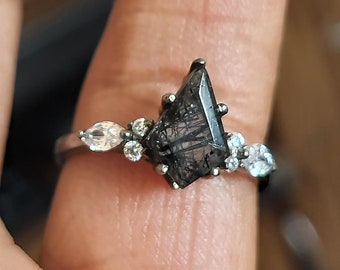 Kite Black Rutile Quartz Ring: 925 Sterling Silver Engagement Wedding Ring