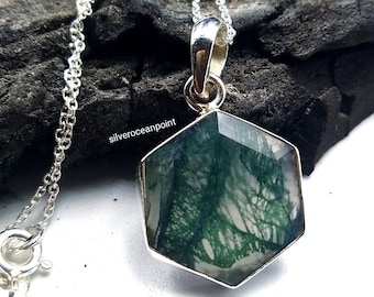 Hexagon Moss Agate Pendant Necklace: 925 Sterling Silver Gemstone