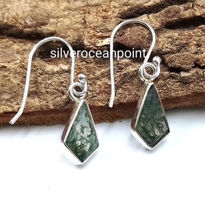 Kite Bezel Setting Moss Agate Earring Women  925 Sterling Silver Beautiful  Handmade Earring Jewelry Engagement Earing Ear Jackets & wedding