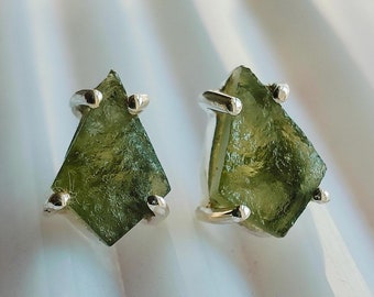 Raw Moldavite Earrings: Kite Gemstone, 925 Sterling Silver