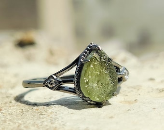 Pear Moldavite Ring: Rough Sterling Silver Healing Stone