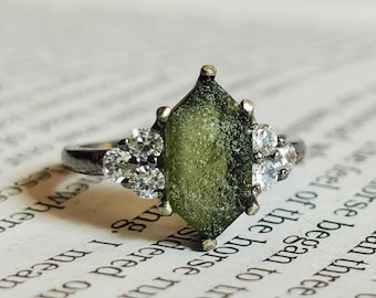 Natural Long Hexagon Moldavite Ring Raw Rough/925 Sterling Silver gemstone Ring Healing Moldavite/Genuine Czech Republic/Gift For Her, Ring