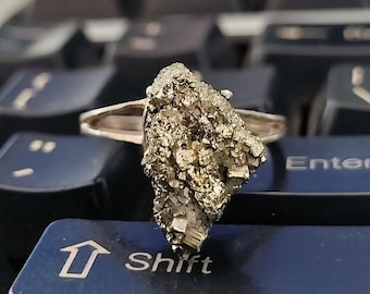 Raw Pyrite Ring: 925 Sterling Silver Adjustable Gemstone Statement Ring