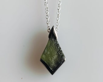 Natural Kite Moldavite Pendant Necklace: Czech Tektite, Sterling Silver