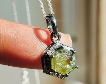 Natural Moldavite Hexagon Pendant Necklace: Czech Tektite, Sterling Silver
