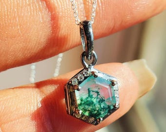 Hexagon Moss Agate Pendant Necklace: 925 Sterling Silver Jewelry