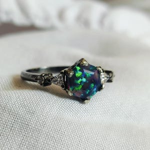 Natural Opal Ring Birthstone black opal Engagement Hexagon Ring, Promise blue and green opal Ring 925 Sterling Silver Anniversary opal ring