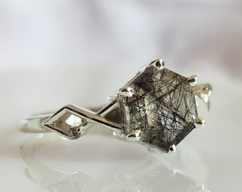 Hexagon Black Rutile Quartz Ring: Sterling Silver Alternative Engagement Ring