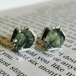 Moss Agate silver Minimalist stud Earrings/ Hexagon jewelry/kind stud 925 Sterling Silver moss agate stud gemstone/earrings for her mom/wife