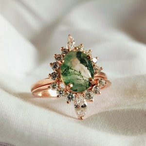 Vintage Moss Agate Ring Set: Rose Gold Art Deco Bridal Wedding