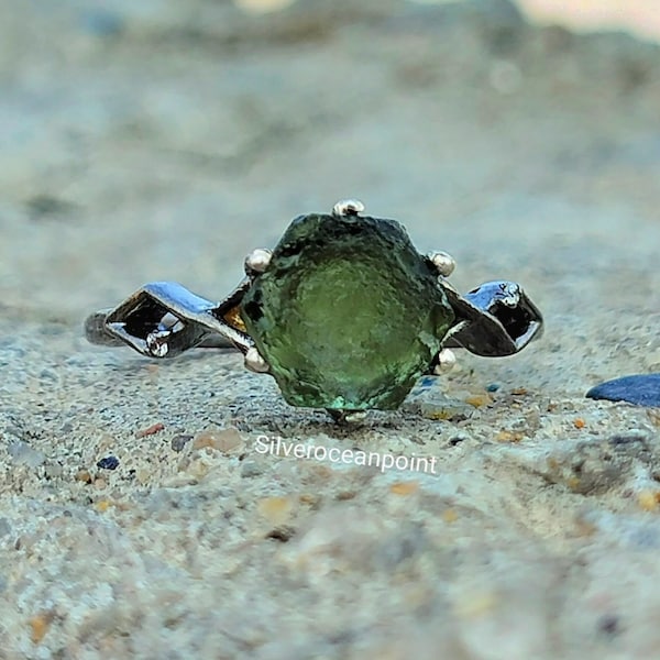 Zeshoek Moldaviet Ring Ruw/925 Sterling Zilver Naturel Handgemaakte edelsteen ring Healing Moldavite/Echte Tsjechische Republiek/Rauw