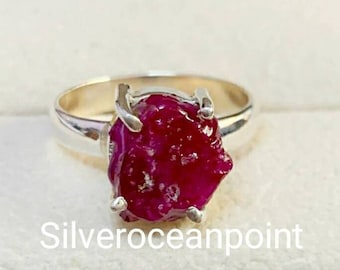 Ruwe robijnring: handgemaakt 925 sterlingzilver, ruwe steen