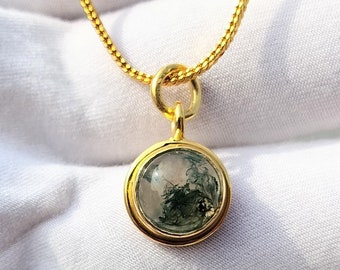 Round Pendant Moss Agate 925 Sterling Silver Necklace