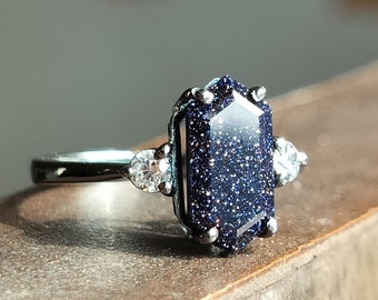 Handmade Galaxy Blue Sandstone Ring: Long Hexagon Sterling Silver Wedding Ring