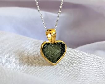 Heart Moldavite Necklace: 925 Sterling Silver Pendant, Authentic Czech Crystal
