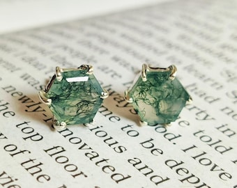 Moss Agate Earrings: Hexagon 925 Sterling Silver Studs