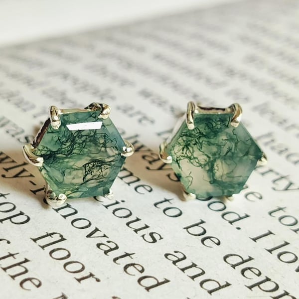 Moss Agate silver Minimalist/Earrings/ Hexagon summer jewelry Unique/ kind 925 Sterling Silver moss agate gemstone/earrings for her mom/wife