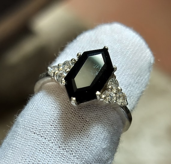 Hexagon Black Onyx Ring: Vintage 925 Sterling Silver Engagement 