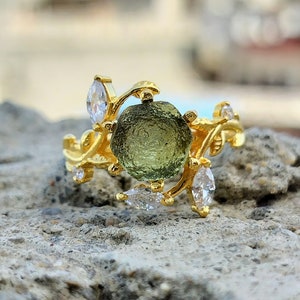 Natural Moldavite Ring Rough Hexagon Space Rock Genuine Moldavite Ring 925 Sterling Silver Ring Meteor Healing Energy Czech Republic Ring