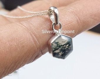 Hexagon Moss Agate Pendant: 925 Sterling Silver Necklace