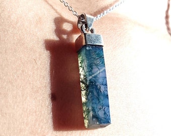 Moss Agate Pencil Necklace: Handmade Sterling Silver Pendant