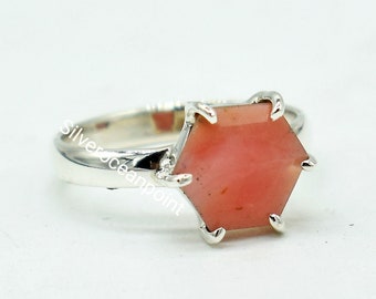 Hexagon Pink Opal Ring: 925 Sterling Silver Handmade Jewelry