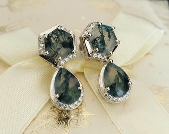 Moss Agate Earrings: 925 Sterling Silver Hexagon Pear Dangle