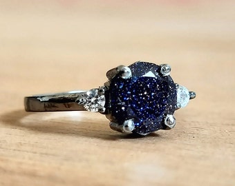 Handmade Sterling Silver Blue Sandstone Ring: Galaxy Hexagon Design