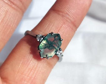 Natural Handmade Moss Agate Hexagon Ring: 925 Sterling Silver Engagement Ring