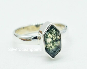 Hexagon Moss Agate Ring: Bezel 925 Sterling Silver