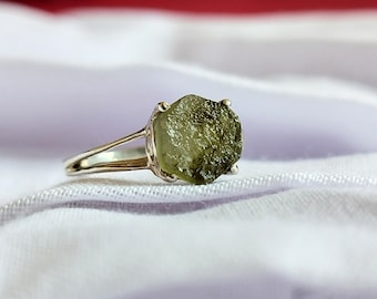 Raw Moldavite Ring: Genuine Czech Meteorite, 925 Sterling Silver