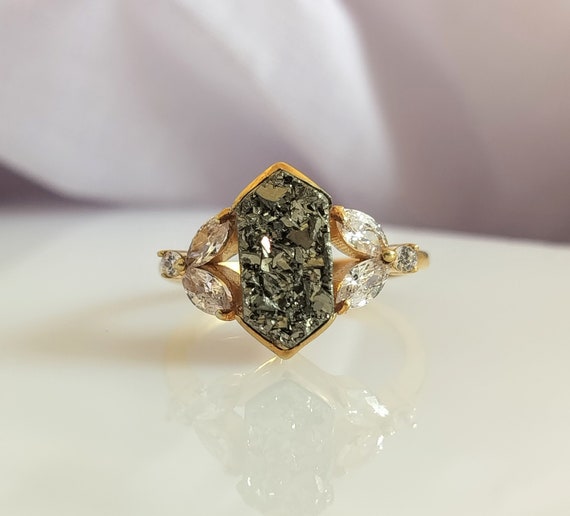 Hexagon Pyrite Sterling Silver Ring: Raw Czech Stone, Vibration Healing