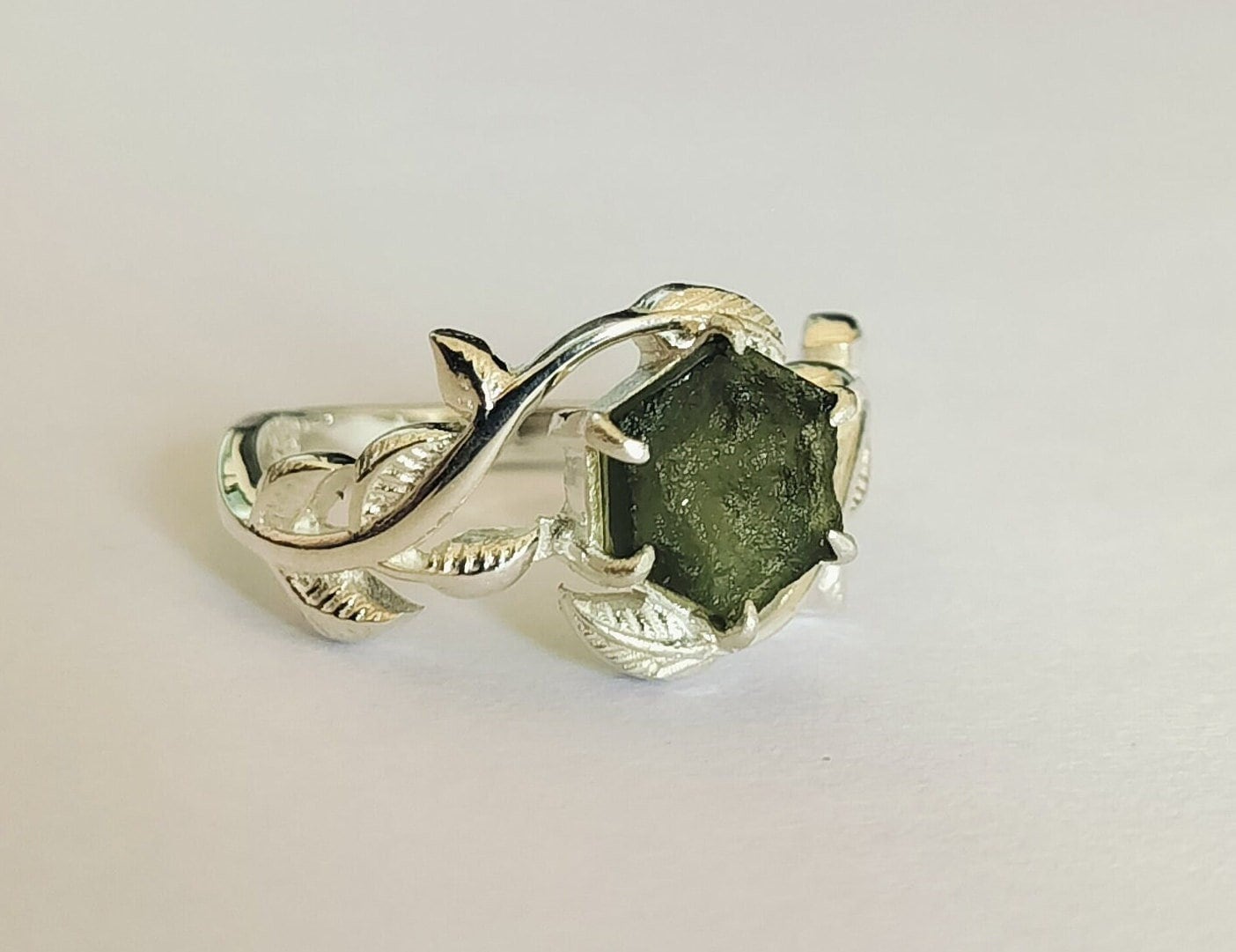 Rough Hexagon Moldavite Ring Raw/925 Sterling Silver Handmade Ring gemstone Healing Moldavite/Genuine Czech Republic/Raw Gift For Her, Ring