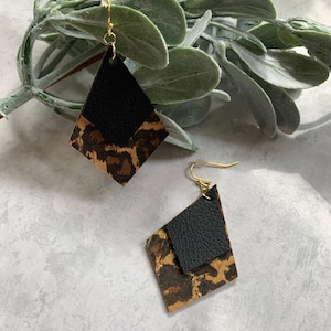 Diamond faux leather earrings, gold cheetah cork and black