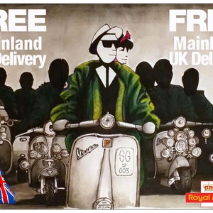 May include: A vintage illustration of a group of people riding scooters. The scooters are white with black accents and have multiple headlights. The people are wearing green jackets and black helmets. The text "FREE Mainland UK Delivery" appears twice on the image. The image also includes a small image of the United Kingdom flag and the text "Royal Mail".
