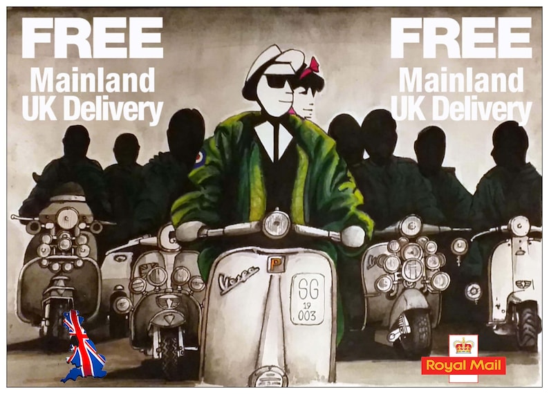 May include: A vintage illustration of a group of people riding scooters. The scooters are white with black accents and have multiple headlights. The people are wearing green jackets and black helmets. The text "FREE Mainland UK Delivery" appears twice on the image. The image also includes a small image of the United Kingdom flag and the text "Royal Mail".