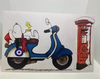 Christmas Card 18.2cm x11.7cm Mod Dog on scooter, ska, rude boy, northern soul." 2tone