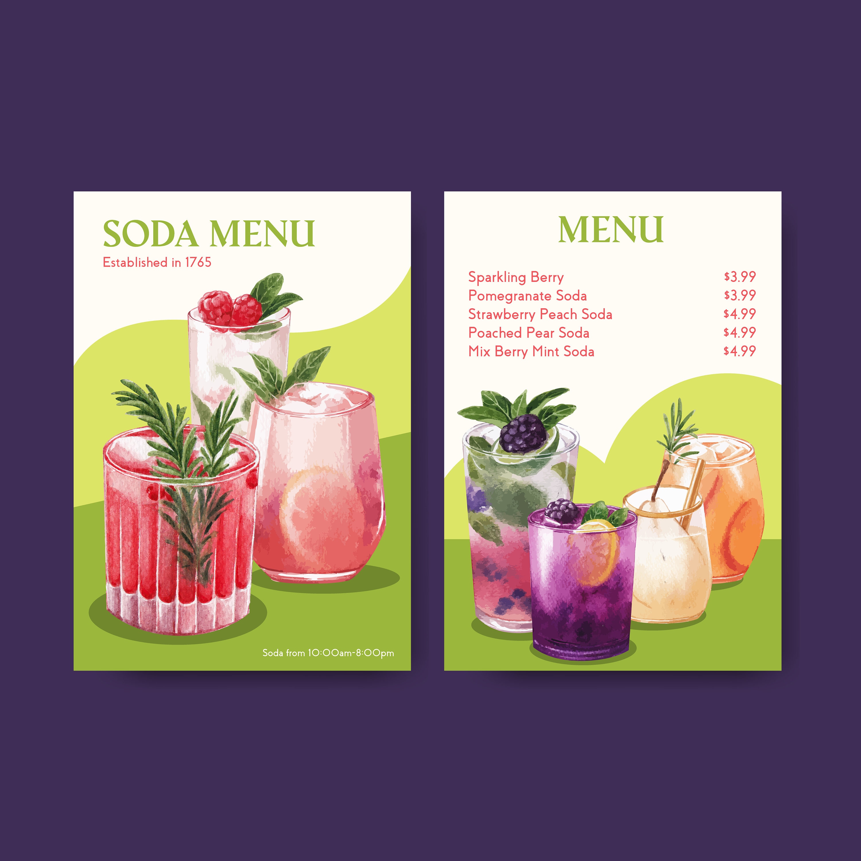 Soda Drink Menu Template for Cafe and Bistro Watercolor Illustration