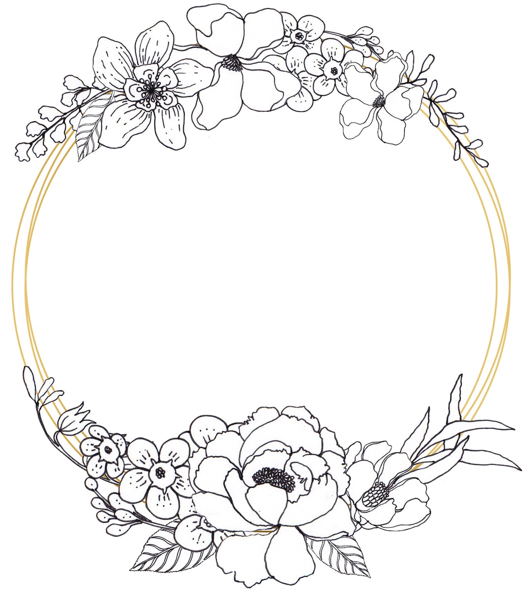 Line Art Floral Wreath, Floral Wreath, PNG Compatible, Modern Flower ...