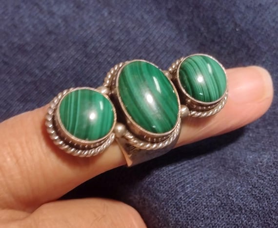 Malachite and Sterling 3 Stone Adjustable Ring by Sharon Sandoval San Felipe Vintage