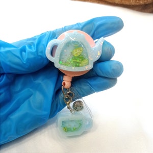 Mini Teapot and Tea Cup Resin Shaker Badge Reel