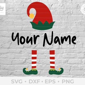 May include: A red and green elf hat with a white pom-pom on top, with the text "Your Name" below the hat. Two green elf shoes with red and white striped legs are below the text.