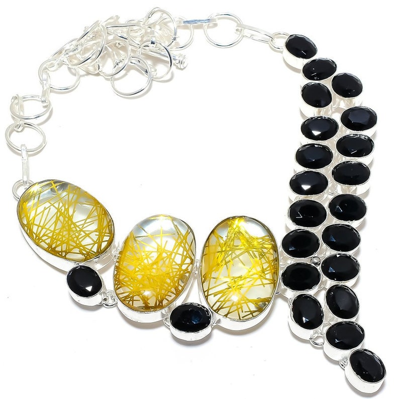 Silver Necklace For Women Birthday Gifts Golden Rutile Quartz Black Onyx 925 Sterling Silver Jewelry Necklace 18 Best Love Gift