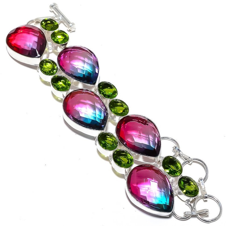 Bi-Color Tourmaline Peridot Gemstone 925 Sterling Silver Jewelry Bracelet