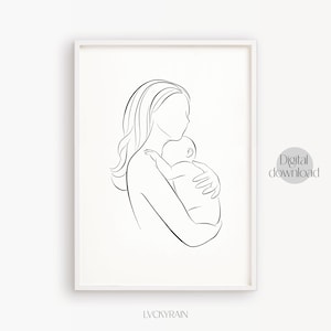 Mom And Baby Print, Mother Daughter Line Art, Nursery Print, Mother and Baby Print, Mom and Baby, Family Line Drawing