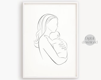 Mother and Baby Line Art Print: Minimalist Nursery Decor (Digital Download)