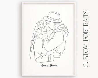 Custom Couple Line Art Portrait, Anniversary Gift (Digital or Print)
