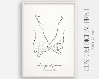 Couple Line Art Anniversary Gift, Personalized Holding Hands Portrait, Custom Line Art, Perfect Valentine's Gift for Boyfriend or Girlfriend